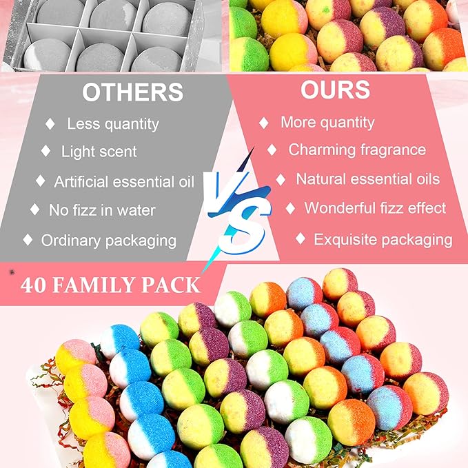 Bath Bomb Gift Set, Family Pack Mini Bath Bombs with Reusable Bowknot, 40 Pcs Organic & Natural Bath Bombs for Kids, Women and Men, Best Gift for Valentine's Day & Any Anniversaries