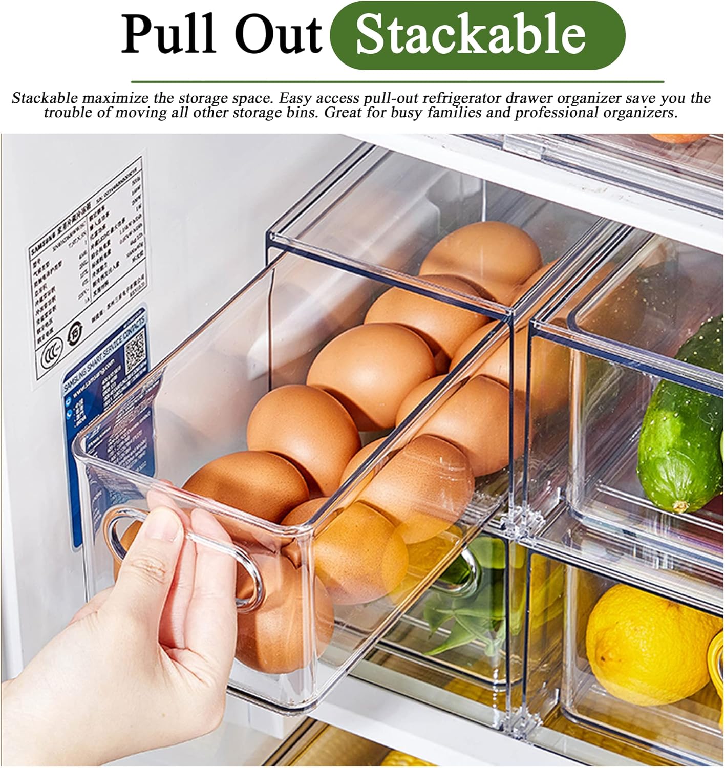 2 Pack Fridge Organizers and Storage with Pull out Drawer, Stackable Storage Drawer, Clear Refrigerator Organizers, BPA-Free for Kitchen Cabinet Pantry,3.14QT