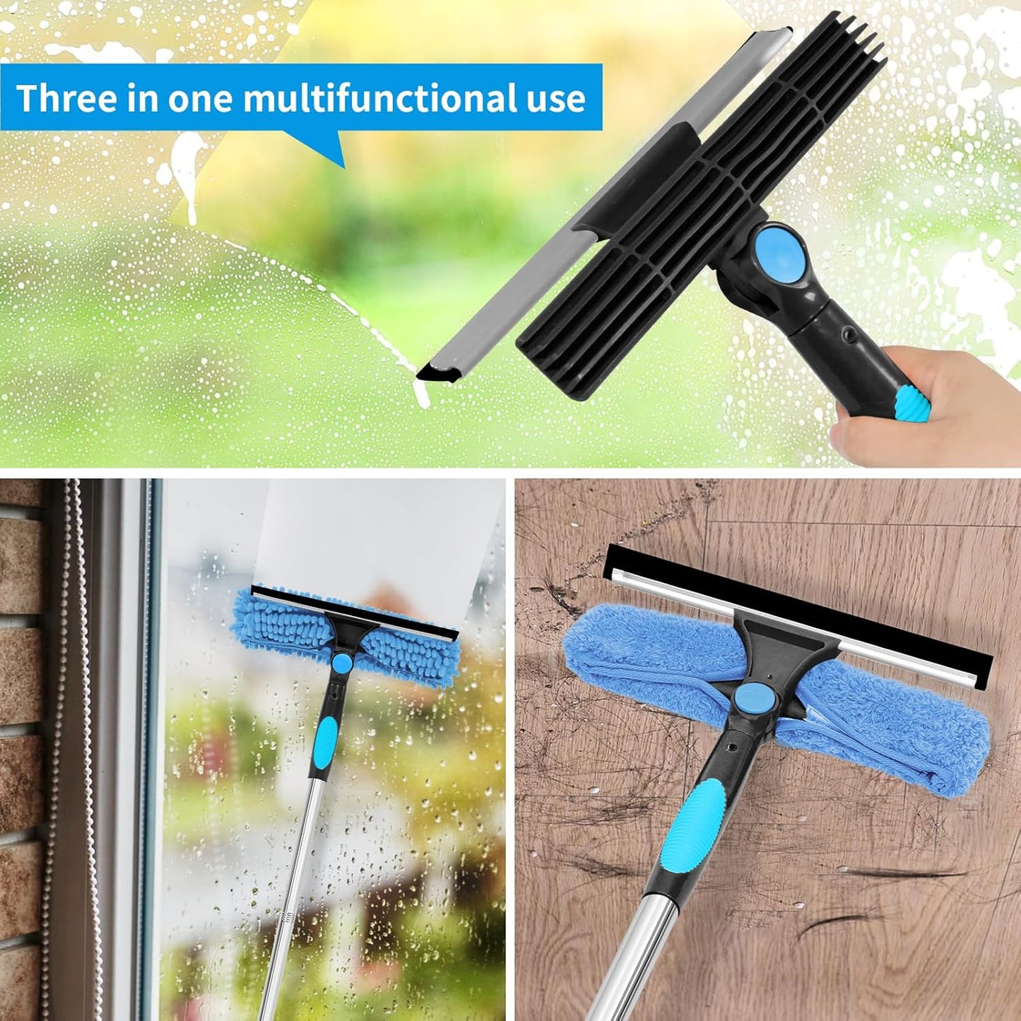Professional 72'' Window Squeegee Cleaning Washing Tool/Kit with Extension Pole, 3 in 1 Squeegee for Window Cleaning Kit for High Window with 1 Rotatable Head 4 Interchangeable Scrubber