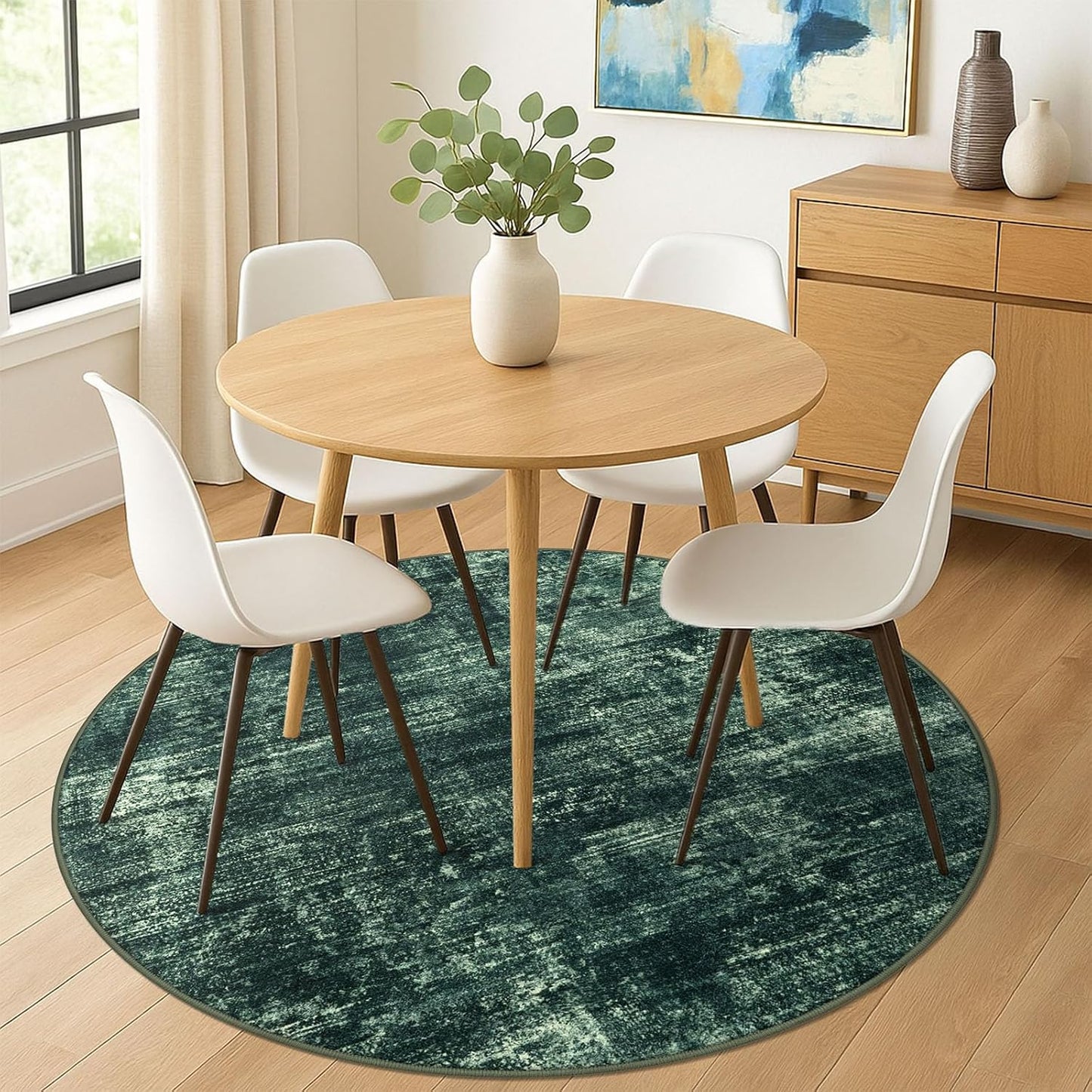IOHOUZE Abstract Round Area Rug 6 Ft Washable Circle Rugs Large Round Rug Non Slip Thin Soft Circle Rugs, Printed Faux Wool Floor Carpet for Bedroom Living Room Dining Room Nursery, Dark Green