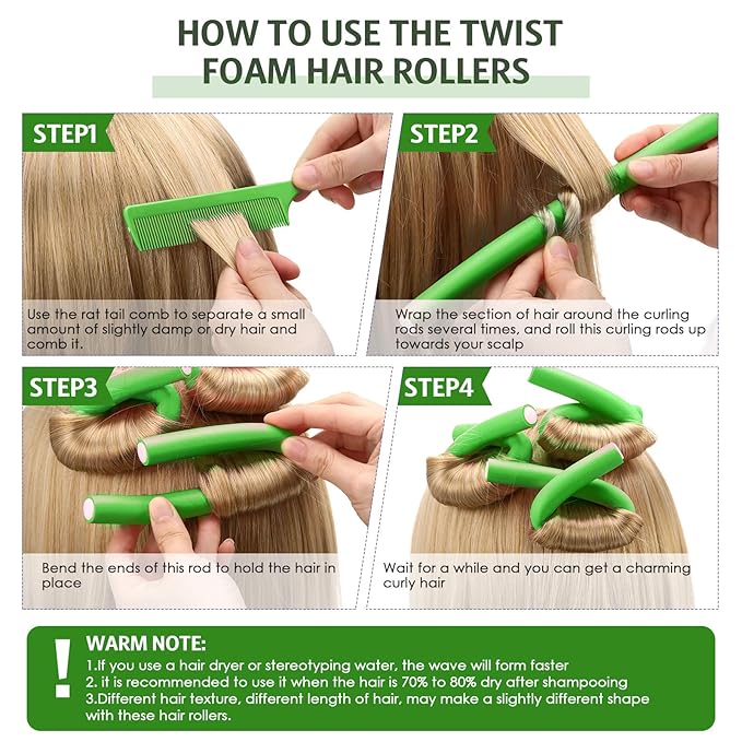 Syhood 30 Pcs Flexible Curling Rods 9.45 Twist Foam Rollers Soft Foam No Heat Hair Rods Rollers and 1 Steel Pintail Comb Rat Tail Comb for Women Long Short Hair(Green,9.45 x 0.79 Inch)