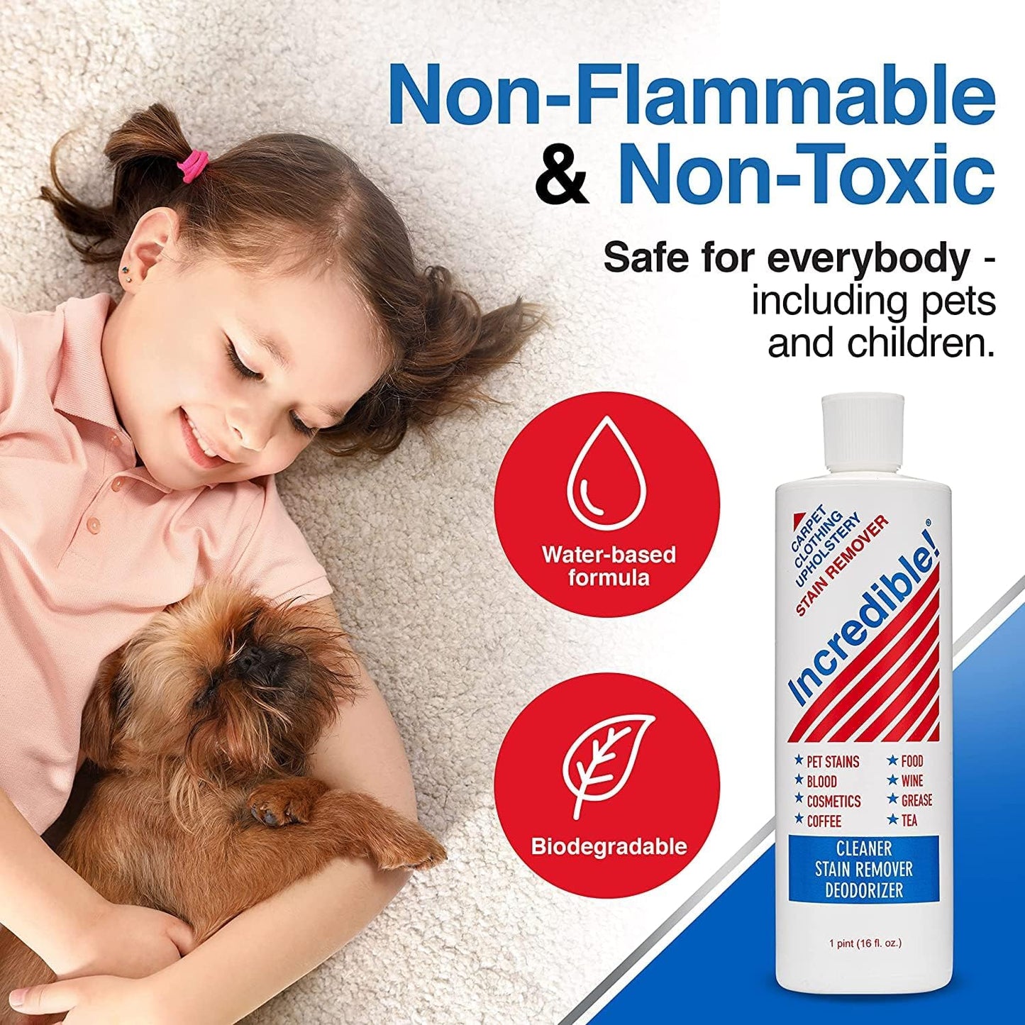 INCREDIBLE! Stain Remover - Instant Spot Remover For New and Old Stains - Blood, Red Wine, Coffee, Urine, Cosmetics, Pet Stains and Odor Eliminator - Carpets, Mattress, Laundry, 16.oz (2 Pack)
