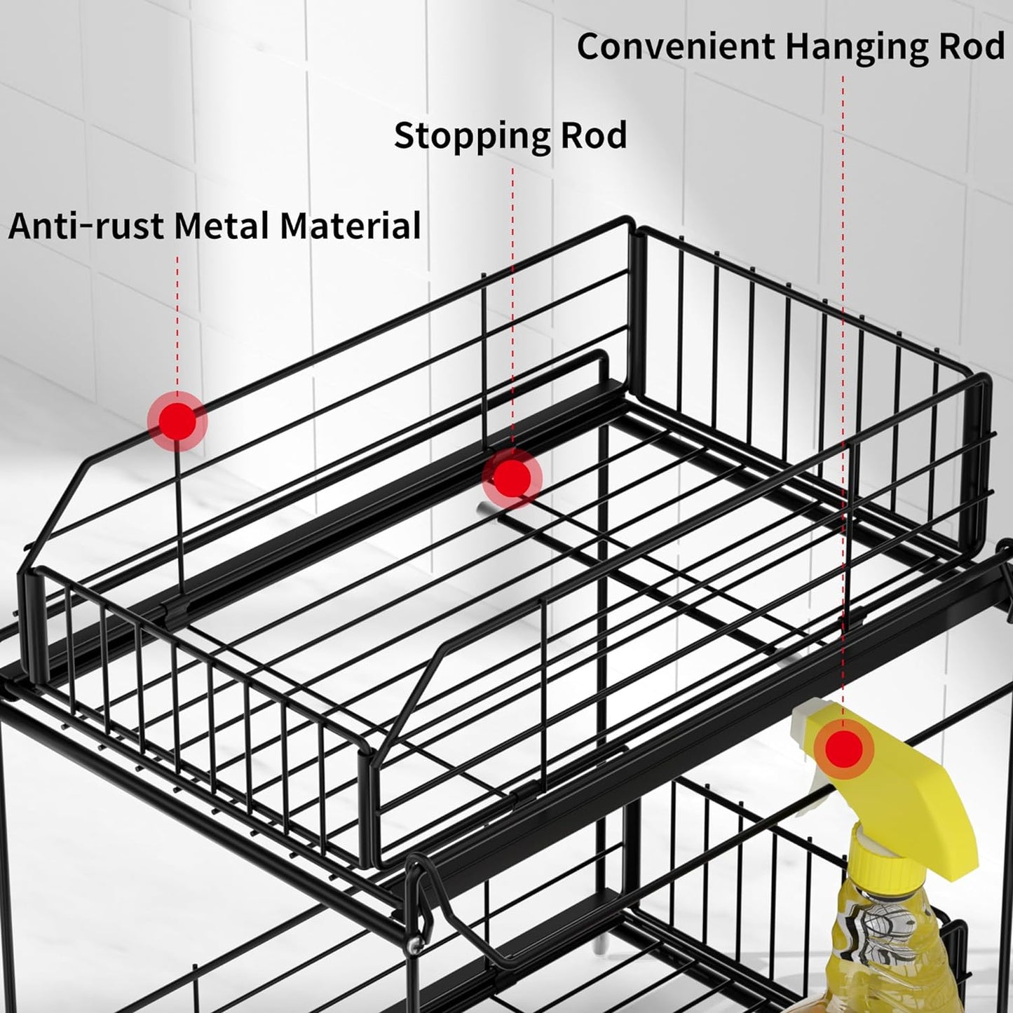 SUEH DESIGN Under Sink Organizer, 2 Tier Bathroom Cabinet Organizer Metal Kitchen Sink Organzier with Hanging Rail for Kitchen Bathroom Organization and Storage, 1 Pack