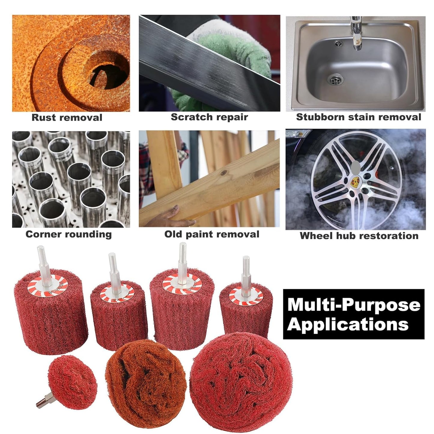 HighFree 7 PCS Non Woven Abrasive Buffing Polishing Wheels Drill Attachment Set - Scouring Pads Wheel with 1/4" Shank for Stainless Steel Copper Aluminum Wood-Wares (320 Grit Red)