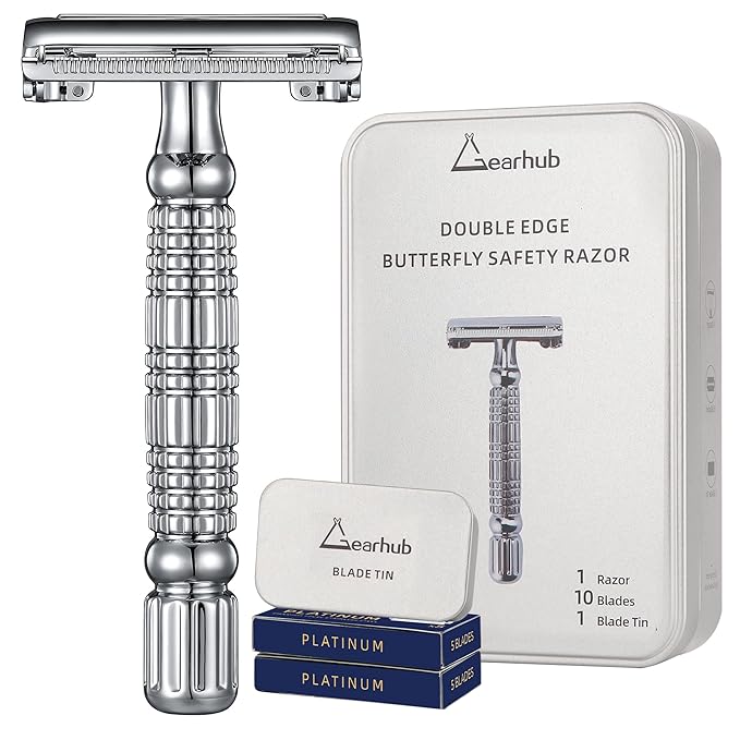 Gearhub Butterfly Double Edge Safety Razor Reusable Stainless Metal Wet Shaving Razor with 10 Swedish Platinum Blades for Men Women Barber Bikini Armpit Hair GR179