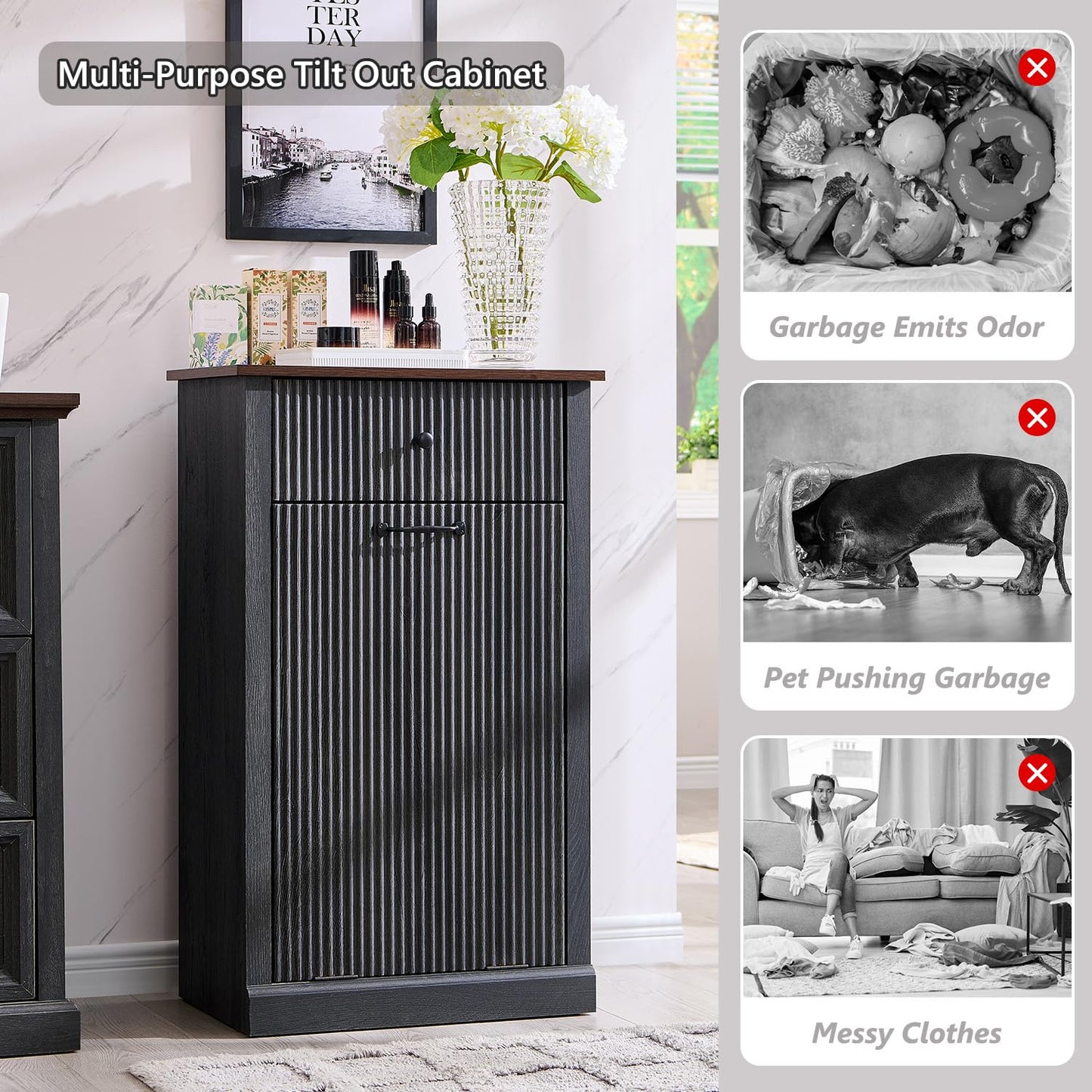 Modern Tilt-Out Trash Can Cabinet, 10 Gallon Fluted Laundry Hamper Cabinet with Drawers, Wooden Hidden Garbage Can Cabinets with Storage Basket, Free Standing for Kitchen and Living Room, Grey