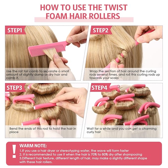 Chuangdi 20 Pcs Flexible Curling Rods Twist Foam Hair Rollers Soft Foam Hair Rods Rollers Curlers and Pintail Comb for Women Long and Short(0.31 x 9.4 Inch,Dark Pink)
