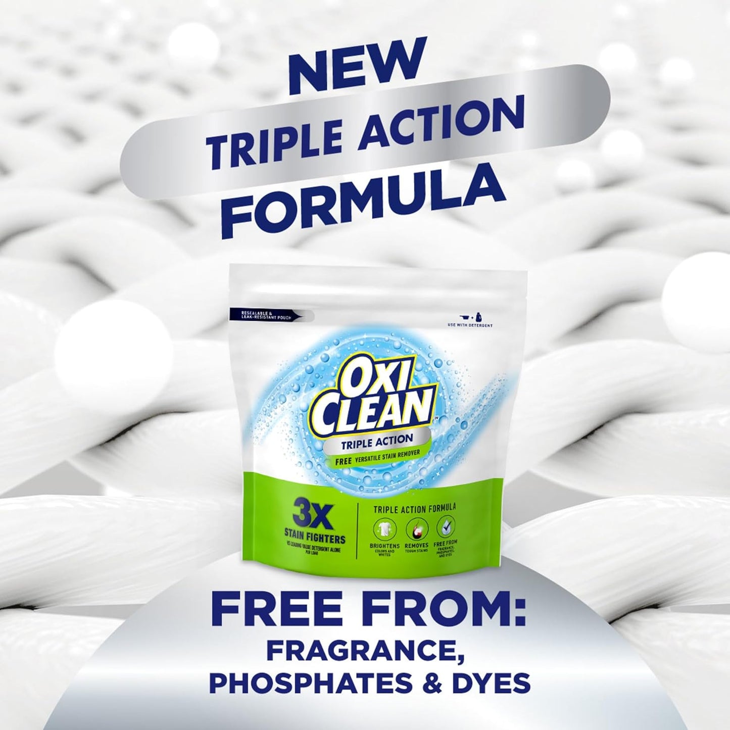 OxiClean Triple Action Free Versatile Stain Remover Powder, Use with Detergent, No Fragrance, No Dyes, No Phosphates, No Chlorine, Removes Stains, Brightens Colors and Whites, 4 lbs