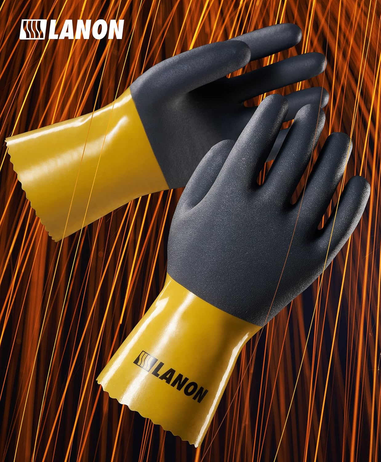 LANON PVC Chemical Gloves, Thick Rubber Work Gloves, Heavy-Duty, EN 374/388, Acid, Alkali and Oil, Non-Slip, XXL