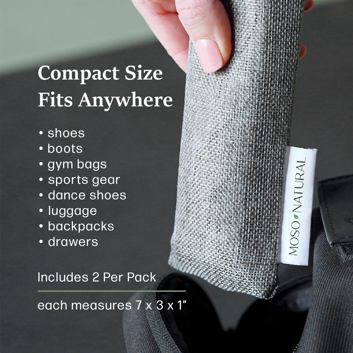 Moso Natural Shoe Deodorizer Inserts, Charcoal Odor Absorber for Shoes, Gym Bag & Boot Deodorizer, Long-Lasting Shoe Odor Elimination, Unscented Air Purifying Bags (Two Per Pack)