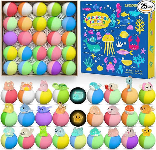 Bath Bombs for Kids with Surprise Toys Inside, 25 Pack Natural Bath Bombs with Glow in The Dark Sea & Land Animal Toys, Handmade Organic Safe Fizzy Salt Balls Gift Set for Boys Girls Toddlers