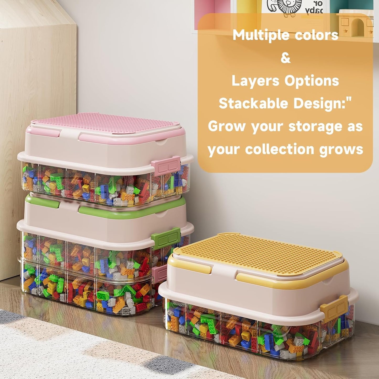 Toy Storage Organizer Box with Handle, Stackable Building Block Toy Box with Building Plate Lid & Removable Sorting Trays, Cubby Bins and Containers 3 Layer (Green)