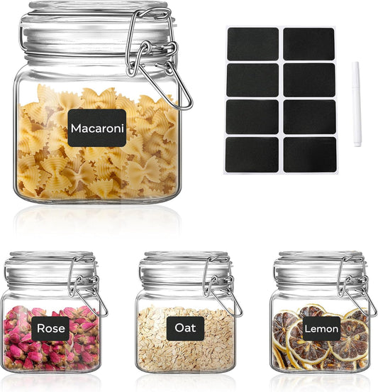 Glass Food Storage Jars with Airtight Lids 13 oz Square 4 Pack Kitchen Storage Containers Small Cabinet Canisters Sealed Pot Canning for Pasta, Cereal, Coffee, Beans, Spice