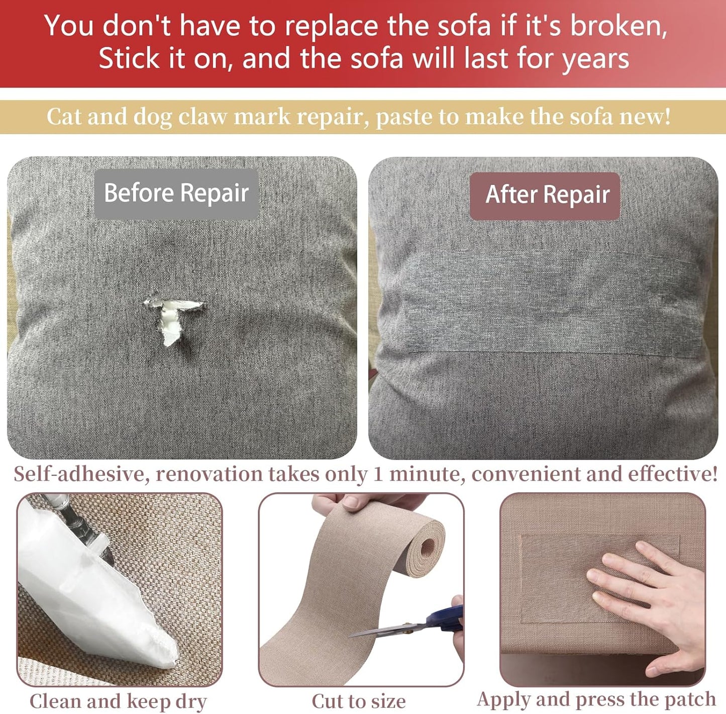Linen Repair Tape 4x70 Inch Self-Adhesive Couch Patch Repair Fabric Patch for Furniture,Sofas,Cushion,Chairs,Bags,Linen Goods(Grey)