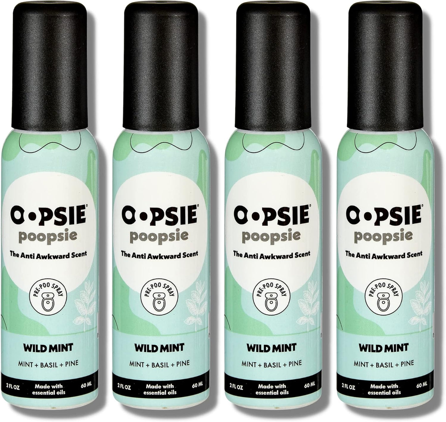 OOPSIE POOPSIE - Wild Mint - Before & After You Go Toilet Spray 2oz - Portable Odor Eliminator - 4 Pack