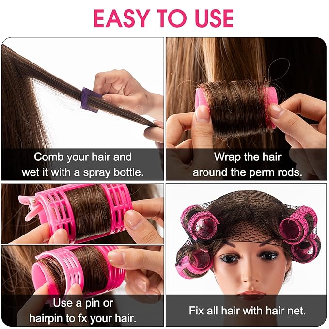 WILLBOND 65 Pieces Rollers Plastic Rollers Hair Curlers Set 4 Sizes for Long Medium Short Hair, Duck Clips Hairnet Hairdressing Styling Tool(Pink)