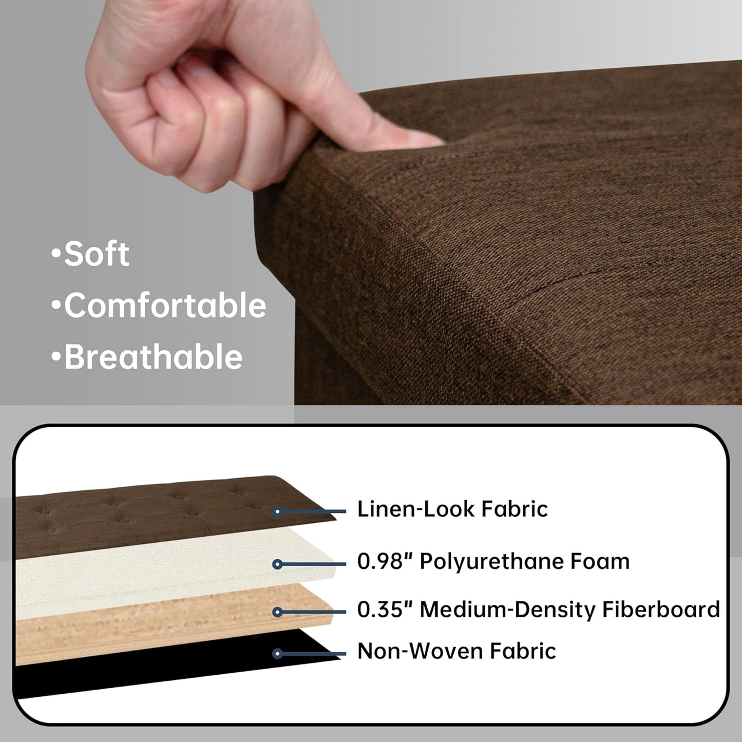 GLAXYFUR 43 Inches Folding Storage Ottoman Bench, Storage Chest, Footrest for Entryway, Living Room, Holds up to 660 lb, Brown