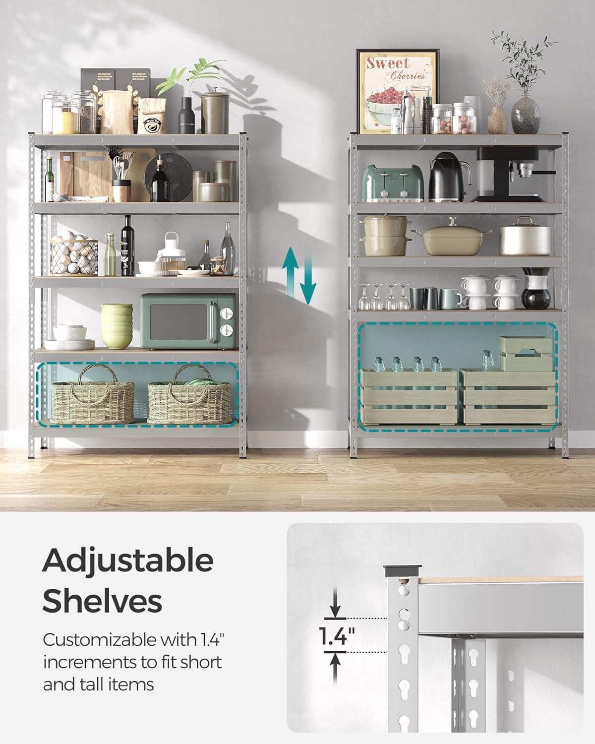 SONGMICS 5-Tier Storage Shelves, Load 2310 lb, Set of 2 Garage Storage, Boltless Assembly, Adjustable Shelving Unit, 23.6 x 47.2 x 70.9 Inches, for Study Shed Basement, Silver UGLR600E02