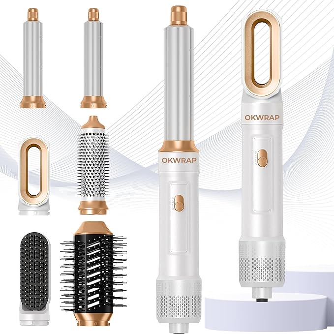 6 in ONE Blow Dryer Brush,Air Curling Iron Round Brush Blow Dryer 800W,Ionic Hair Dryer Brush for Women, Hot Air Brush Hair Styling Tools 100-120V (White Gold)