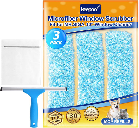 KEEPOW 10" Microfiber Window Scrubber Refill Replacement Compatible with MR.SIGA, Compatible with Ettore Professional Cleaning, Reusable & Washable Window Squeegee for Window Cleaning (3 Pack)