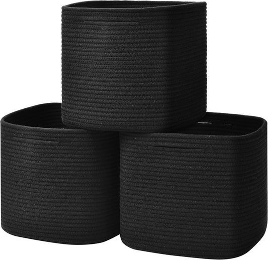 3 Pack Storage Cubes 11 Inch Cotton Rope Woven Baskets for Organizing Cube Bin Square Shelves Organizer,Classroom,Kids Toy Bins,Closet,Baby Nursery(Black)
