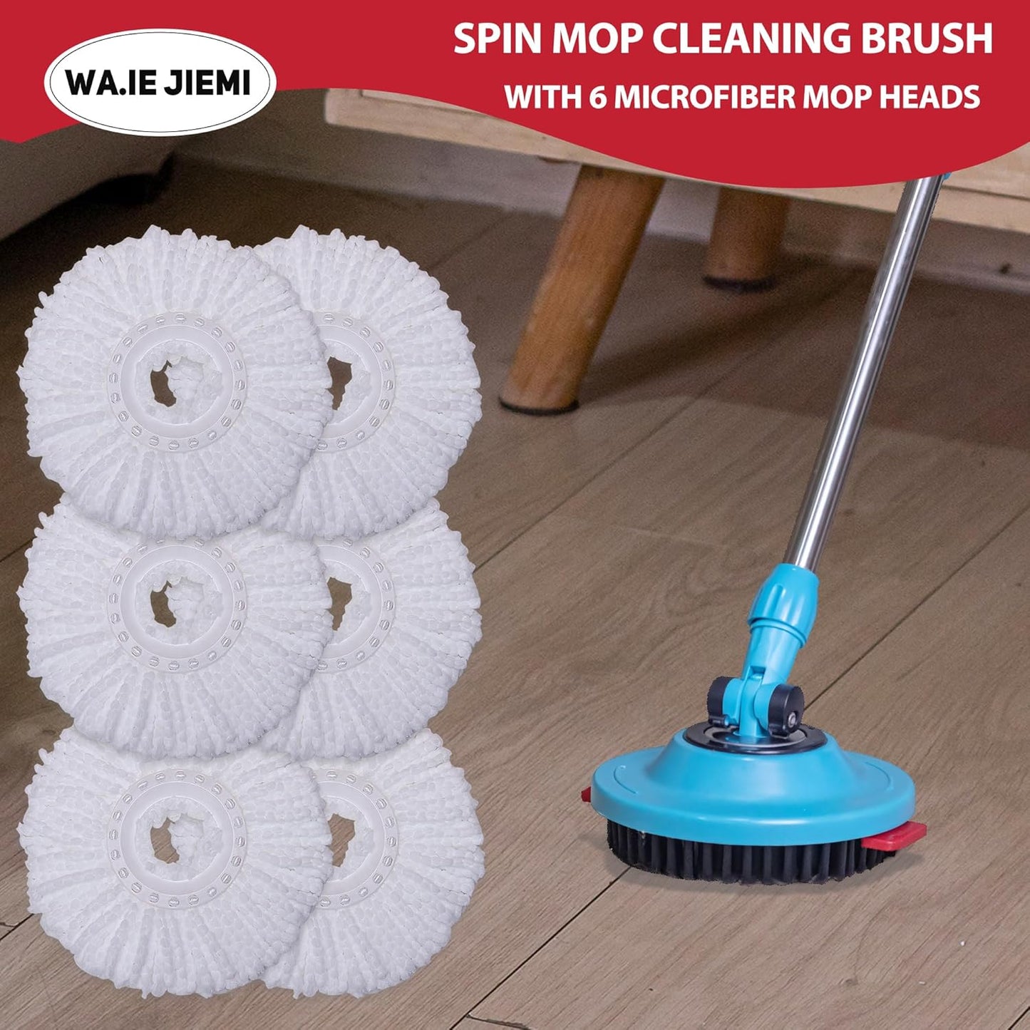 6-Pack White Mop Replacement Heads with 1 Spin Mop Scrub Brush - Microfiber Replacement Mop Heads Universal for 360°Spin Magic Mopping,Round Shape Standard Size