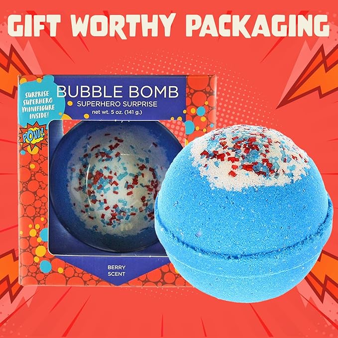 Superhero Bath Bombs for Kids & Boys with Surprise Hero Toys Inside (1 Pack) - Large Bubble Bomb for Boys & Girls - Gift for Children & Boo Basket Stuffer for Boys - USA Made by Two Sisters