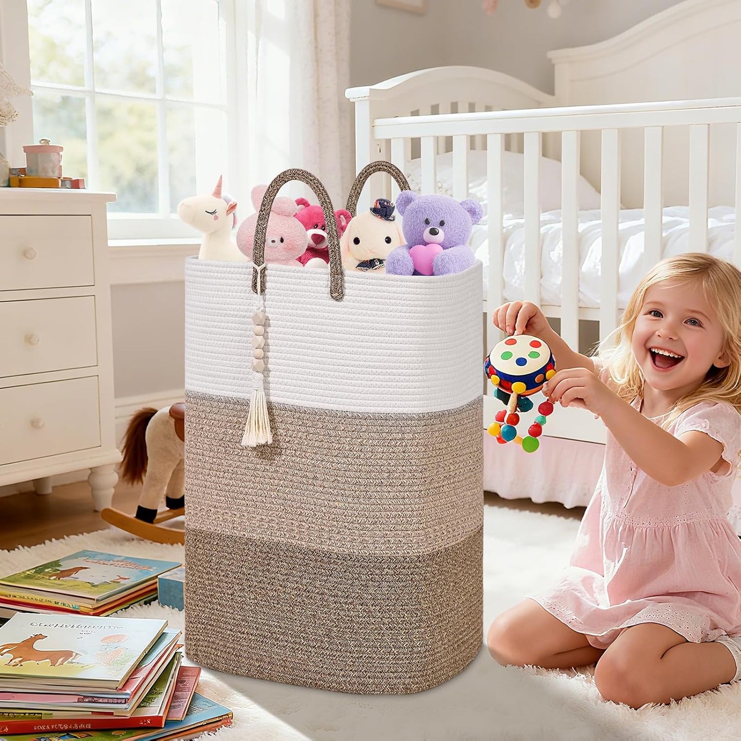Woven Laundry Basket for Clothes,100 L Large Rectangle Laundry Hampers with Beads Tassel, Nursery Storage Basket for Toys, Tall Dirty Clothes Hamper for Bedroom Aesthetic, Laundry Room Organization