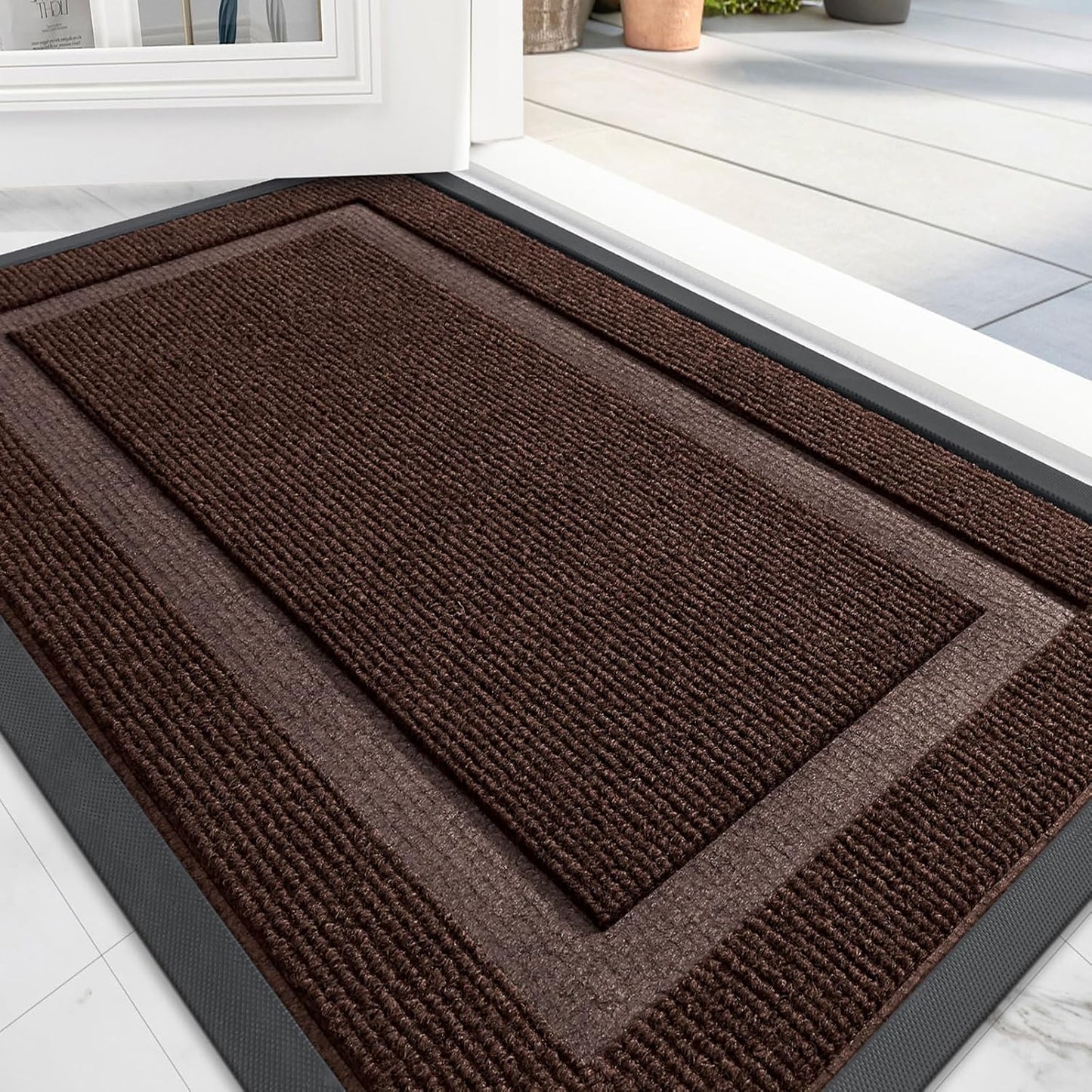 OLANLY Front Door Mat Indoor Outdoor Entrance, Waterproof All-Season, All-Weather Doormat, Sturdy Natural Rubber, Fade Resistant, Low Profile, Easy Clean Patio Porch Entryway Mat, 59x20, Dark Brown
