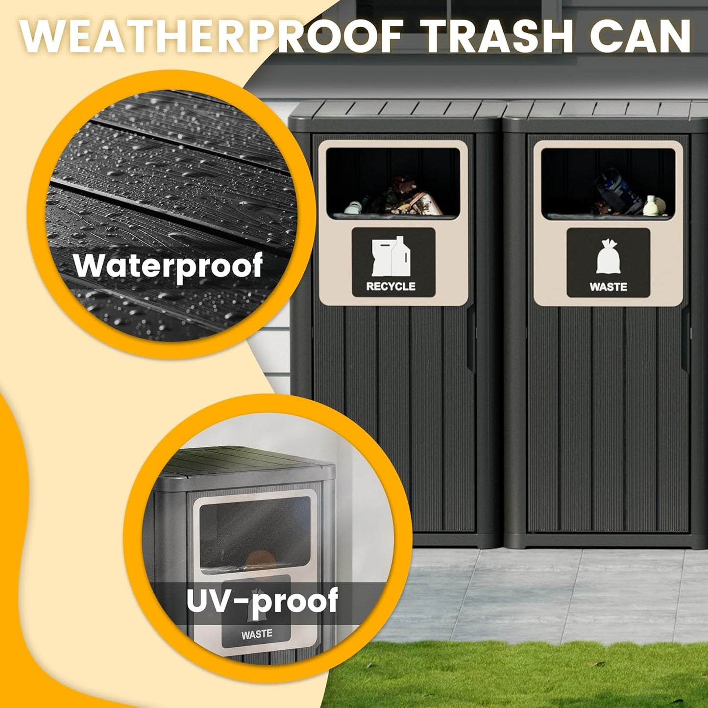 Outdoor Trash Can, Waterproof Resin Garbage Can Indoor and Outdoor Use, Durable & Weather-Resistant Commercial Garbage Can, Outside Trash Bin for Patio, Kitchen