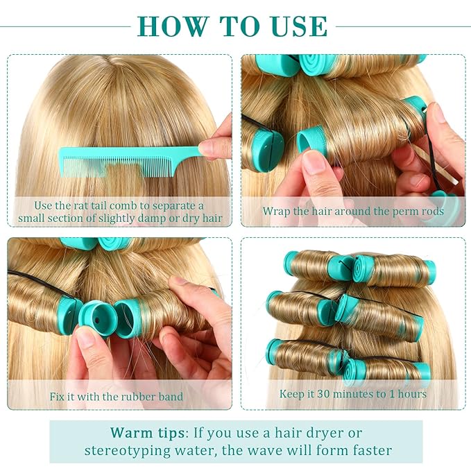 24 Pieces Hair Perm Rods Plastic Cold Wave Perming Curlers Hair Rollers with Steel Pintail Comb Rat Tail Comb Tools for Hairdressing Styling(Green,0.98 Inches)
