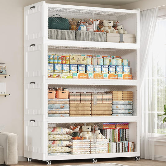 320GAL Extra Large Storage Bins with Lid, 1280QT Collapsible Organizer with Wheels, Stackable Closet Cabinet with Doors, Folding Storage Containers for Home, Office, Dorm, 4Pack White