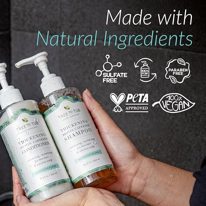 Tree To Tub Volumizing Biotin Shampoo and Conditioner Set - Activating Caffeine for Fuller Hair, Thickening Shampoo and Conditioner for Women & Men, Sulfate Free w/Natural Soapberry Organic Argan Oil