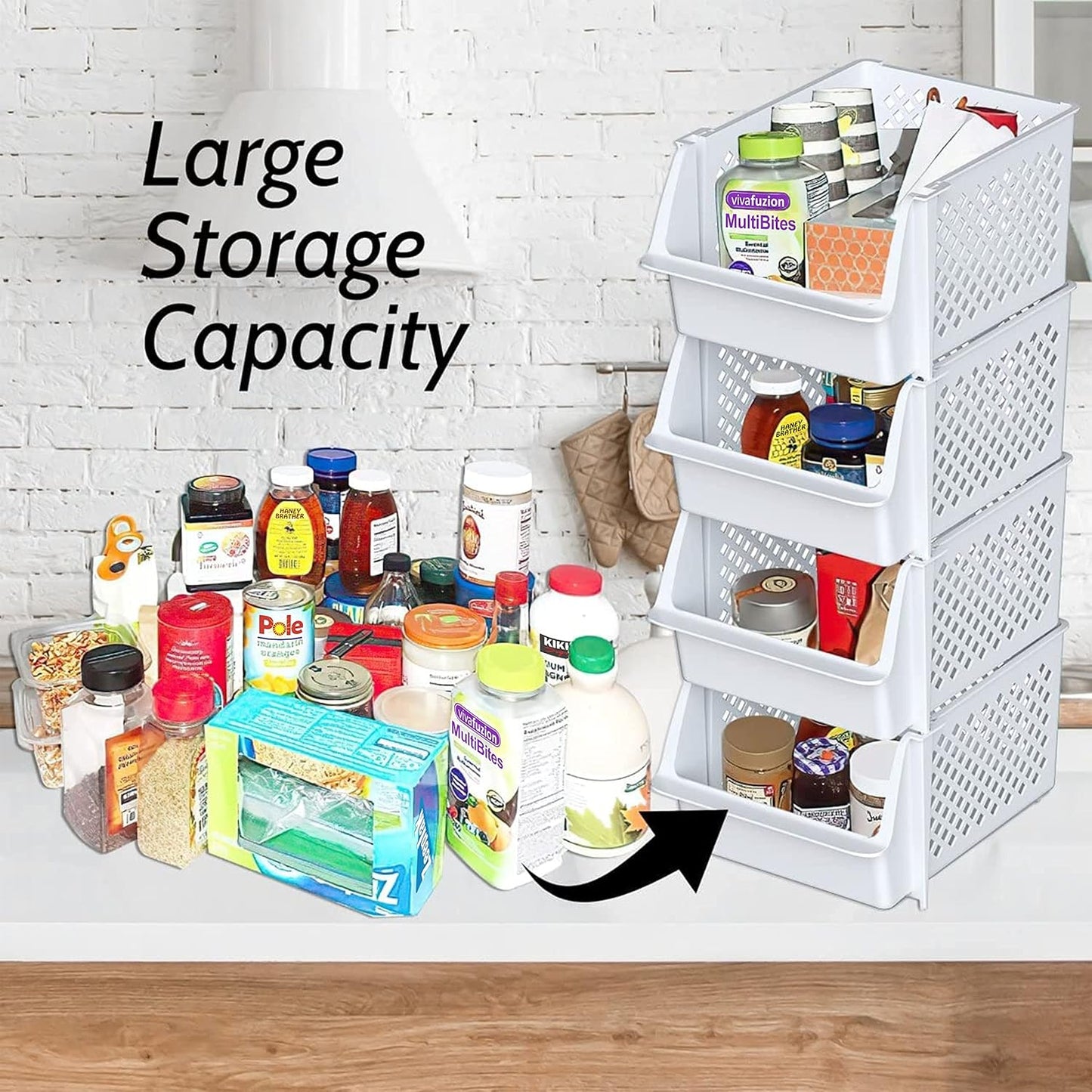 TidyFriend Plastic Stackable Bins for Pantry, 6 Pack Stacking Bins Open Front Kitchen, and Bathroom Organization, Open Front Design (White)