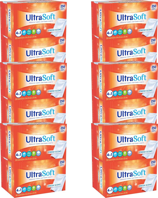 4 in 1 Household Premium Fabric Softener Fresh Scent,250 Single Laundry Dryer Sheets (6.4"x9") Per Dispenser Box,Pack of 12,Made in USA,Drive Clothes Ultra Soft,Reduce Static Cling,Help Repel Pet Hair