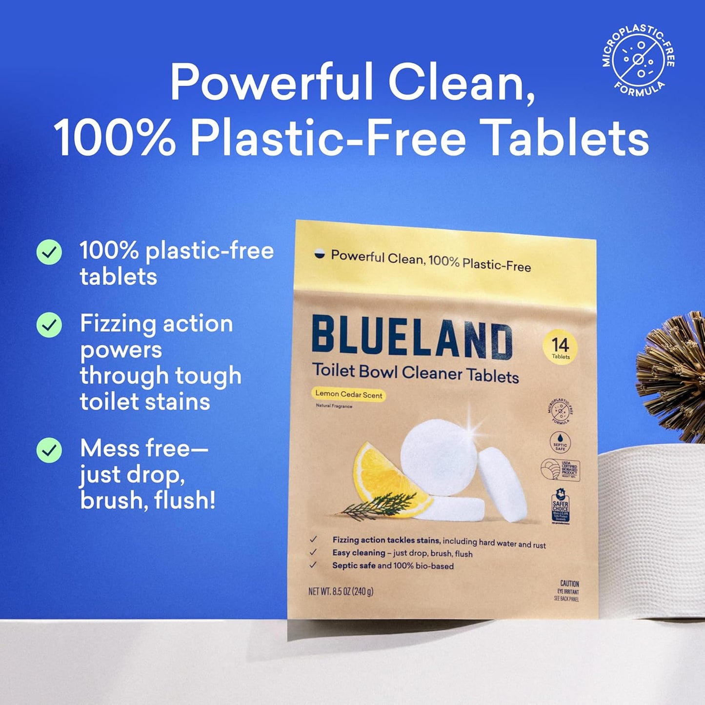 BLUELAND Toilet Bowl Cleaner Tablets, Starter Set, 14 Count with Tin, Lemon Cedar, Plastic-Free, No Harsh Chemicals, Plant-Based