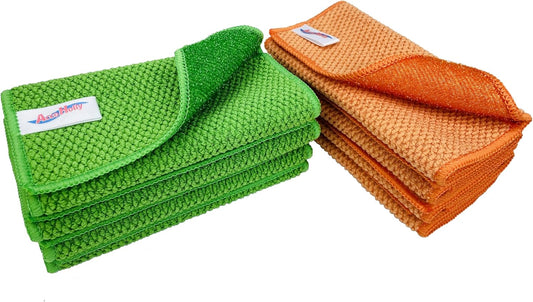 16 Pack Microfiber Scrub Dish Cleaning Cloth, Non-Scratch, Reusable & Durable for Pan Pot Dish Cooktop Stovetop Counter Kitchen Household, Machine Washable, 6 x 6 Inch, Orange & Green Assorted
