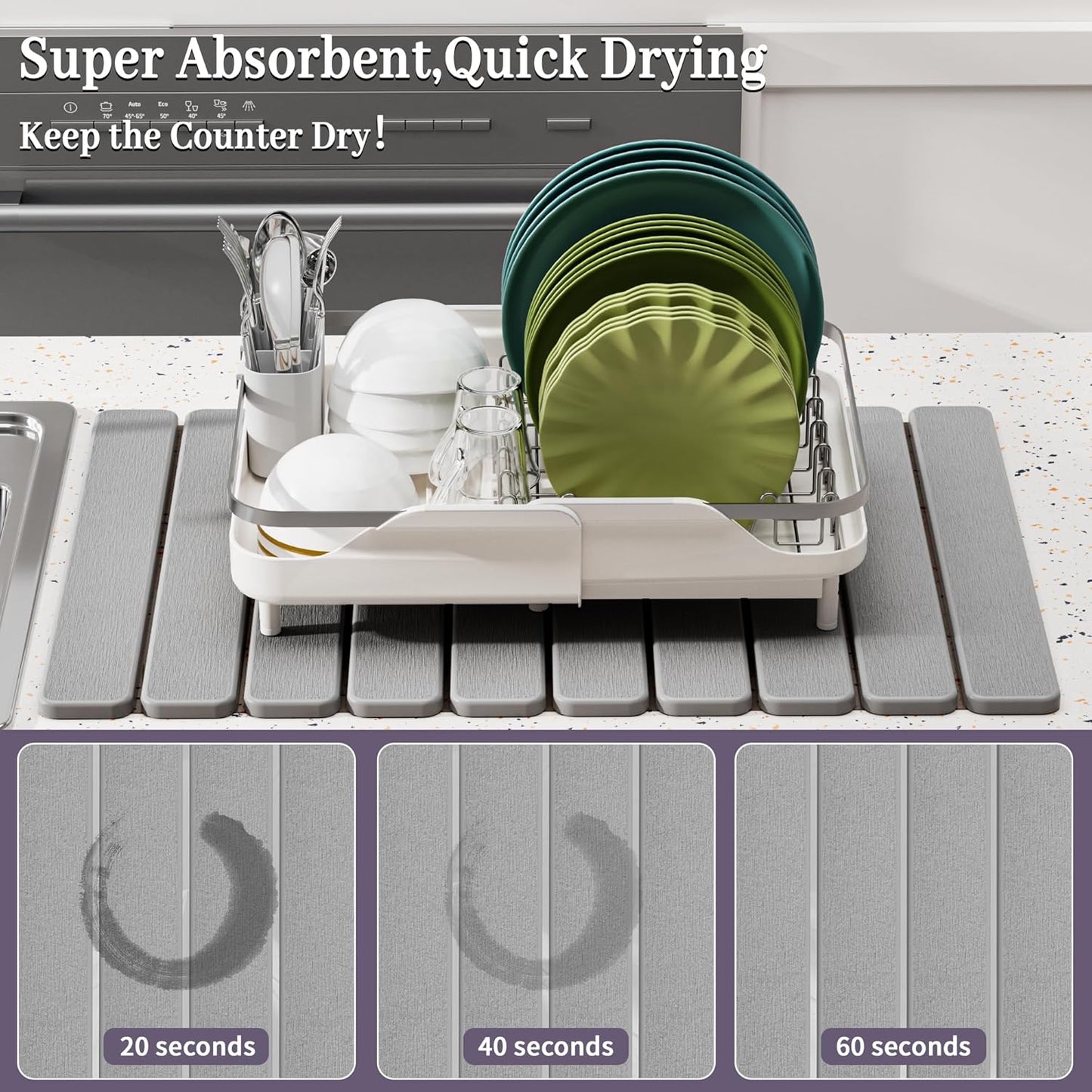 Large Stone Dish Drying Mats for Kitchen Counter – Foldable Quick Dry Stone Mat with Non-Slip Pad & Sandpaper, Super Absorbent Diatomaceous Earth Mat for Dishes and Cups(Ligh Gray 23.5"x15.5")