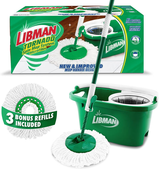 Libman Tornado Spin Mop System with 3 Refill Heads, Microfiber Spinning Mop and Bucket with Wringer Set for Home, Floor Cleaning of Hard-Wood, Laminate, Tile, All Surface Cleaner, 4 Total Mop Heads
