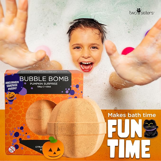 Halloween Bath Bombs for Kids with Surprise Halloween Toys Inside - Large Pumpkin Bath Bombs for Kids, Boys & Girls – Spooky Boo Basket Stuffers for Kids - Made in USA Bubble Bomb by Two Sisters