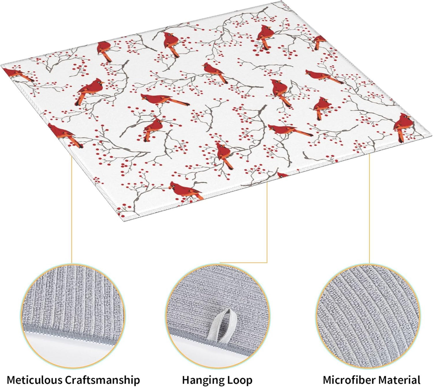 Cardinal Bird Red Berry Decor Kitchen Drying Mat Cute Microfiber Dish Drainer Mat for Kitchen Counter Absorbent Reusable Washable Home Holiday Decor 16x18 Inch