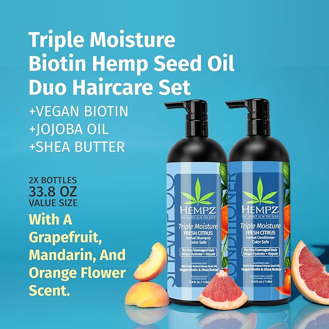 HEMPZ Hair Shampoo & Conditioner Set - Grapefruit & Peach Scent for Dry, Damaged and Color Treated Hair, Hydrating, Softening, Moisturizing with Biotin Duo Set 33.8 fl oz