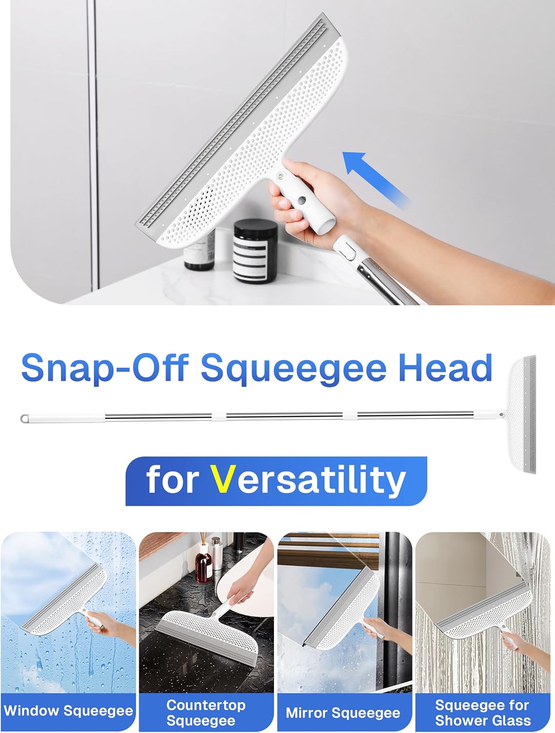 Floor Squeegee & Broom with Long Handle, 180° Rotating Head Silicone Blade Removes Water & Pet Hair | Squeegee for Tile, Shower Glass, Windows, Garage, Deck & Patio