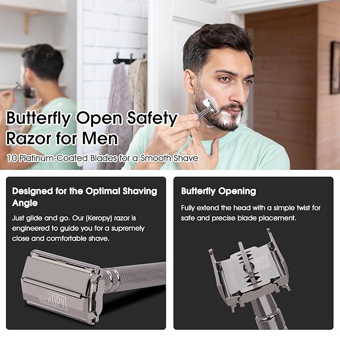Vintage Classic Double Edge Safety Razor for Men - Weighted Butterfly Open Comb Design with 10 Keropy Extra Blades - Stainless Steel Razor for Close Smooth Shave - Gloss Black Finish