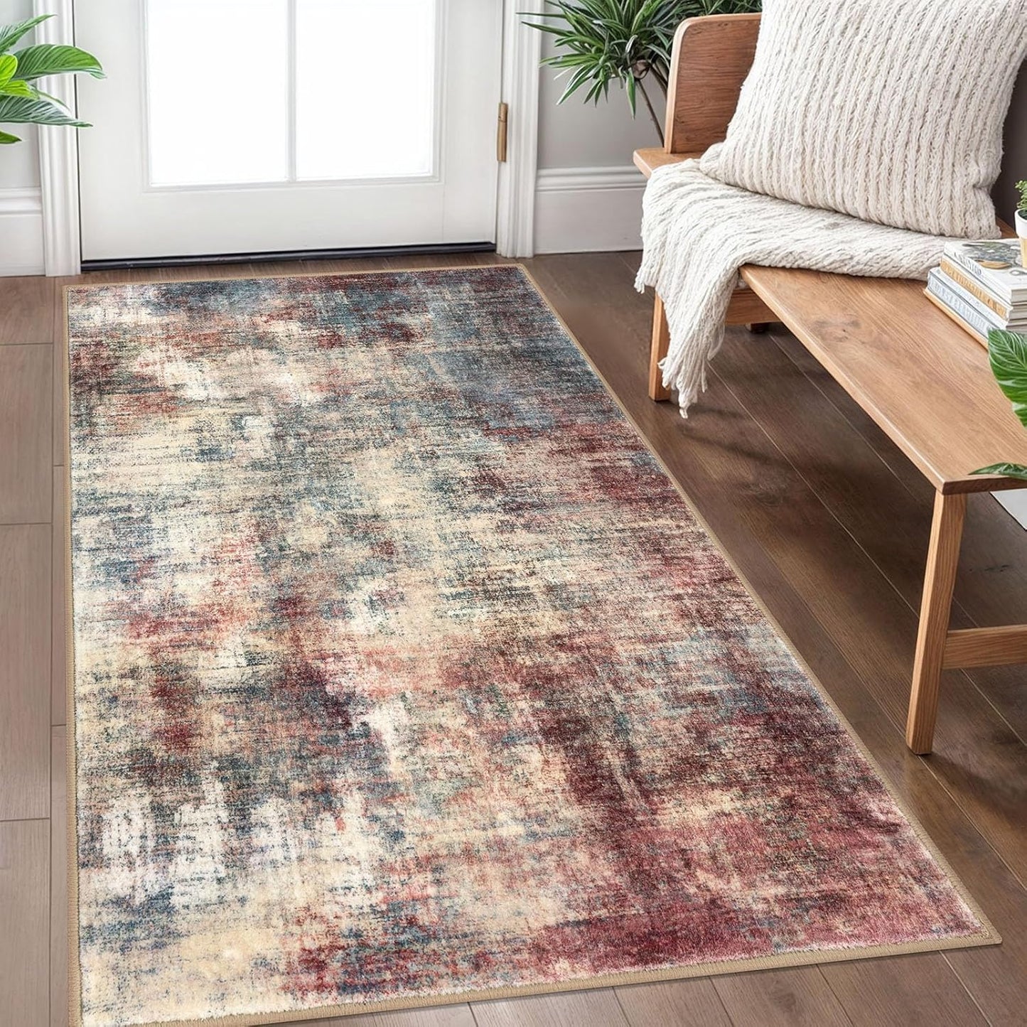 IOHOUZE Abstract Area Rug 3x5 Ft Washable Rugs for Entryway Indoor, Non Slip Kitchen Rug Printed Faux Wool Throw Rugs, Indoor Door Mat for Door Entrance Foyer Living Room, Red/Multi