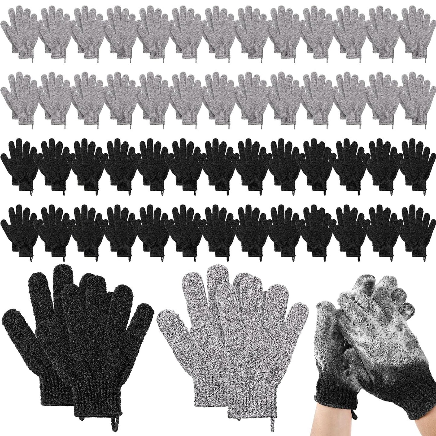 104 Pcs Exfoliating Glove Bulk Shower Gloves with Hanging Loop Exfoliating Body Scrubber Dead Skin Remover for Body Bath Beauty Spa Massage Scrubs Men Women Bathing(Black,Grey)
