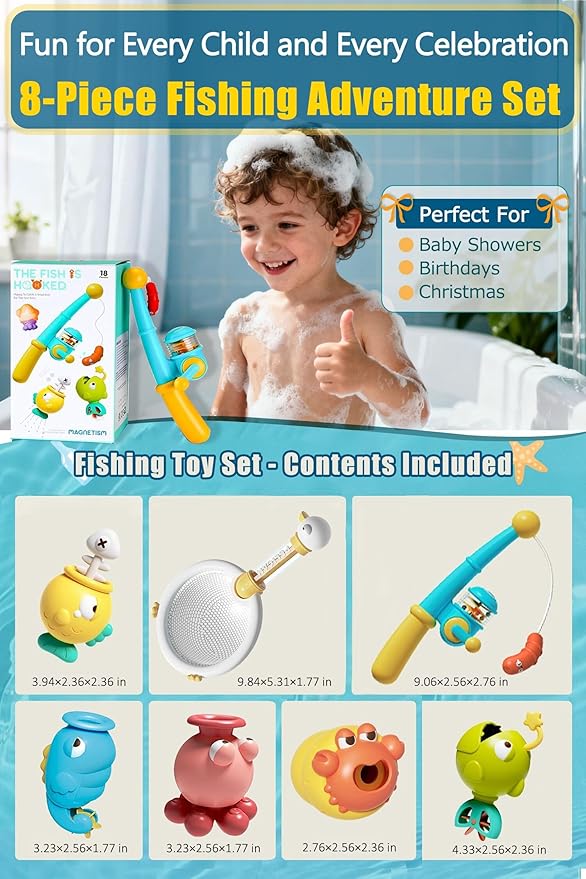 Bath Toys for Kids Ages 1-3 - Magnetic Fishing Toy Set (8 PCS) with 5 Floating Sea Animals, Net & Water Sprayer, Fun Baby Bath & Swim Time Activity, Ideal Gift for 1-6 Year Old Boys & Girls