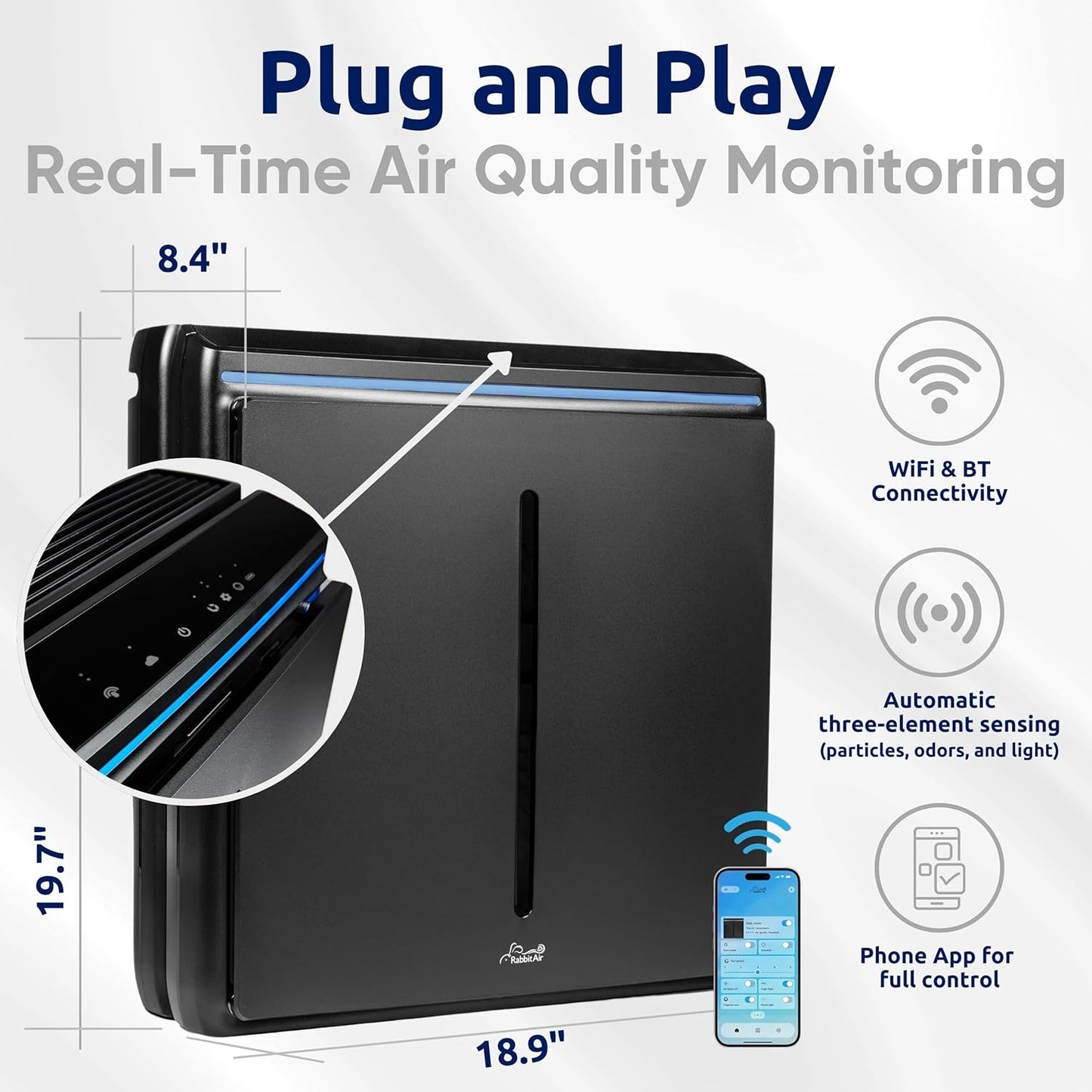 Rabbit Air, A3 SPA-1000N Air Purifiers for Home, Ultra Quiet HEPA Air Purifier - Wall Mountable Air Purifiers for Home Large Room, Allergies, Dust, Mold, Smoke & VOCs - (Black, Germ Defense Filter)