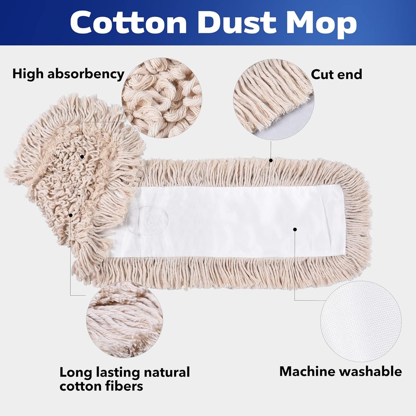 Matthew Cleaning 24'' Cotton Dust Mop Refill Washable Thick Tufted Replacement Heads for Residential & Commercial Use Fit All 24'' Dust Mop Frames, Hardwood, Laminate, Concrete Floors 6 Pack