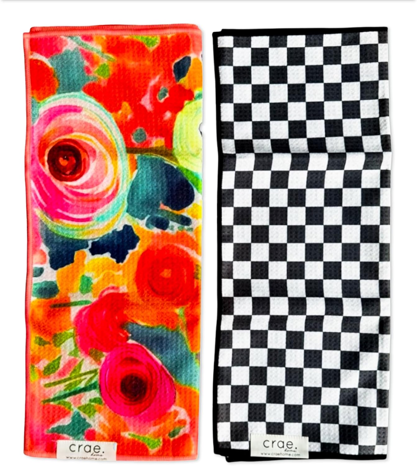 2 Double Sided Microfiber Hand Towels, 17x27 Inches Waffle Design Kitchen Towels Set, Durable & Soft Fast Drying Hand Wash Cloth and Dishcloth Perfect for Everyday (Pia & Fonnie - Black/Pink)